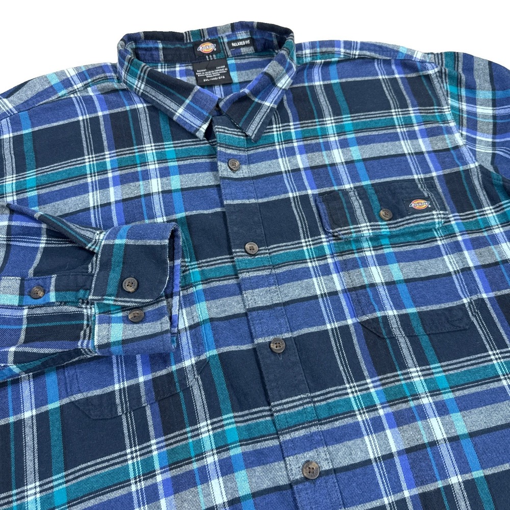 Dickies Shirt Men's 2XL Relaxed Fit Blue Plaid Flannel Outdoor Long Sleeve
